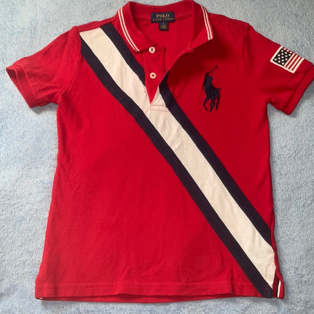 Polo Ralph Lauren Red USA Flag Polo Shirt Boys Small Sz 6